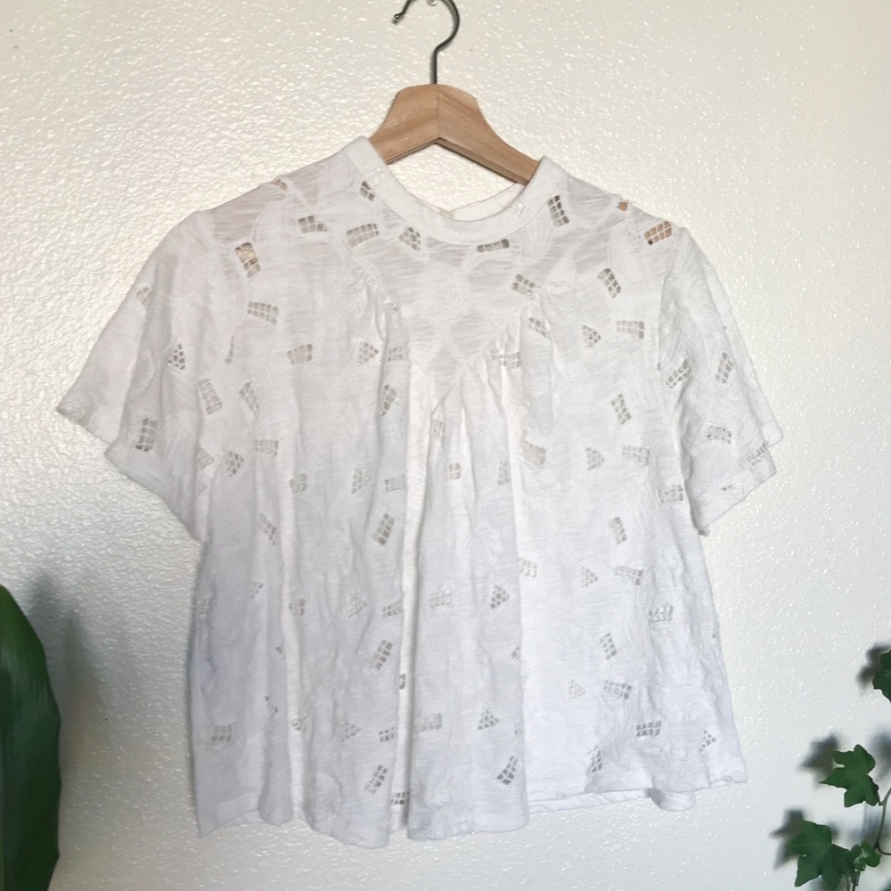 Anthro cream floral eyelet  top